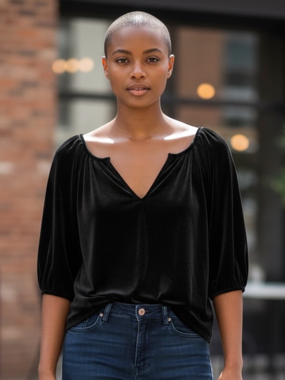 Women’s Old Navy Medium Black Velvet/Velour Short Sleeve Split Neck Tunic Top